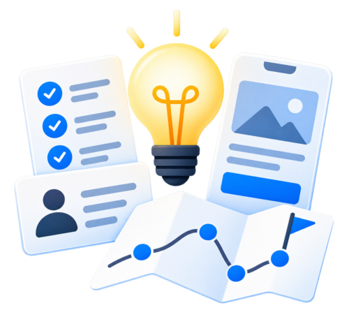 Checklists with roadmap and wireframe sketches